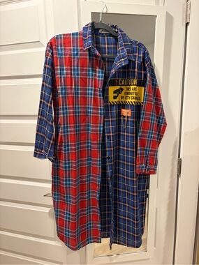 Two-Tone Red & Blue Plaid Longline Shirt with Caution Patch
